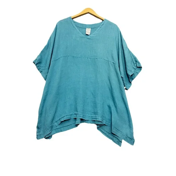 Match Point USA Linen Tunic Top Teal Boho Lagenlook Womens XL Oversized *Flaw - Picture 1 of 7